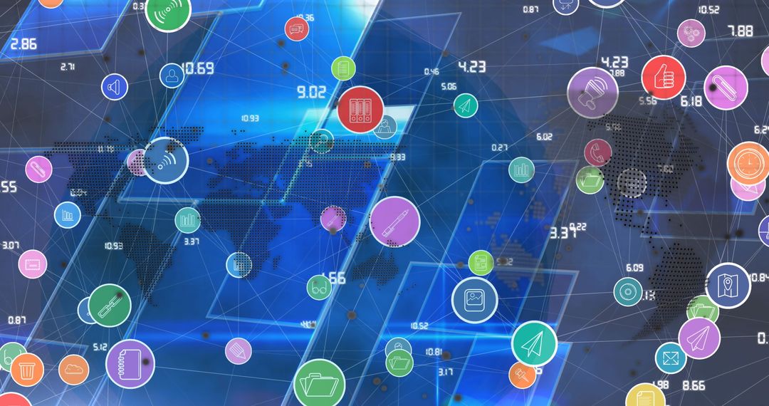 Global Digital Network with Data Processing Interface and Connectivity Icons