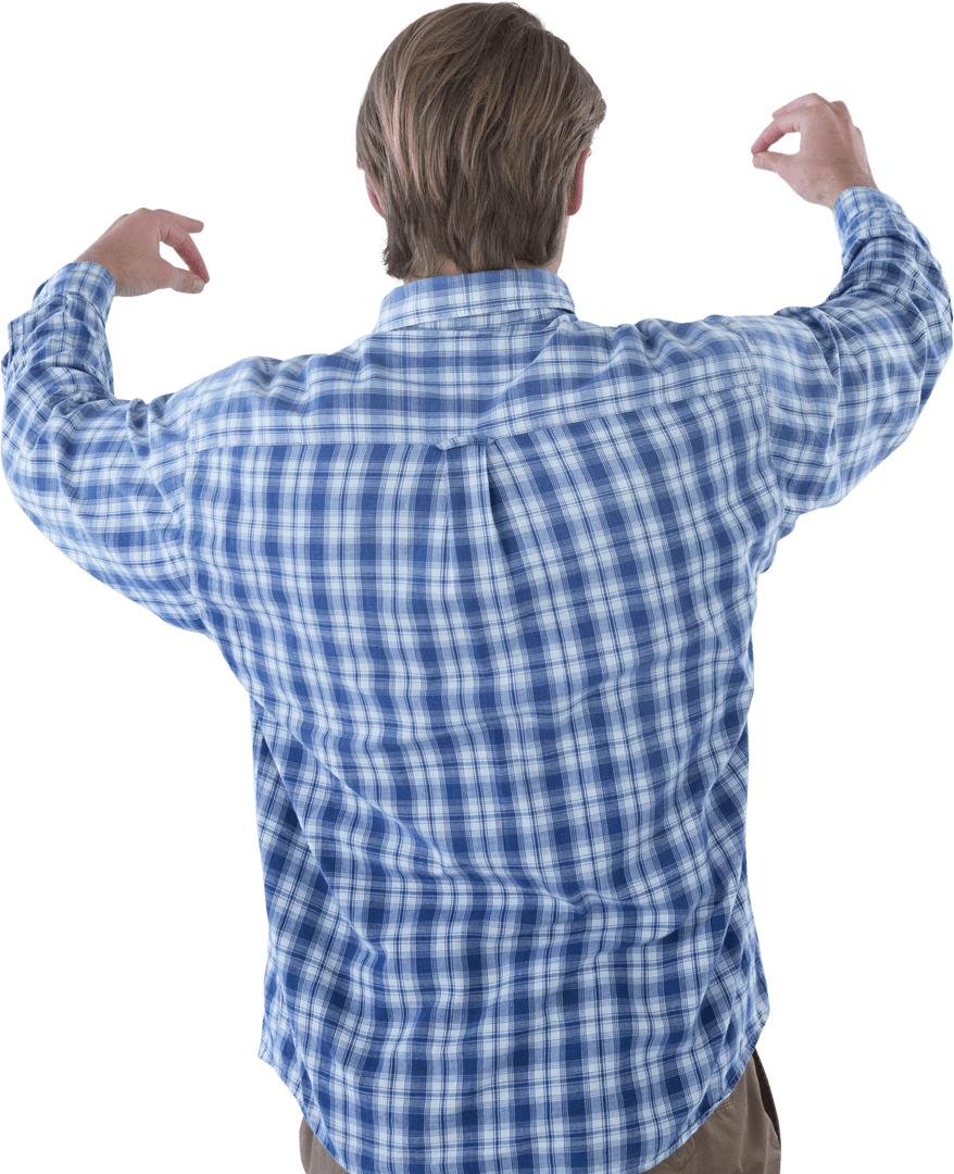 Man in Blue Checkered Shirt Flexing muscles communicating strength