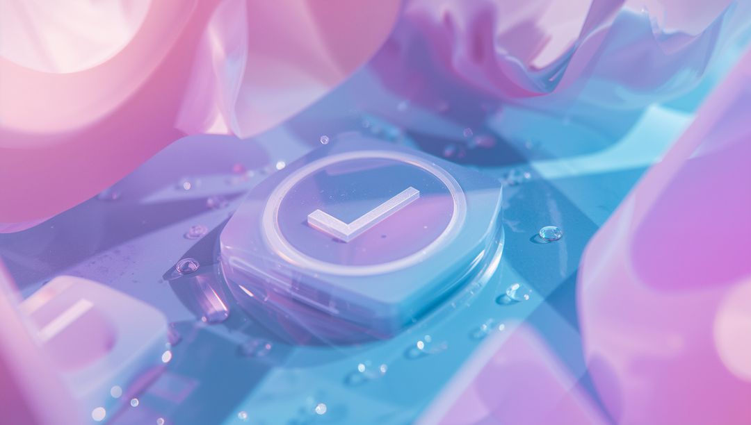 Futuristic Check-Mark Button in Pastel Digital Landscape