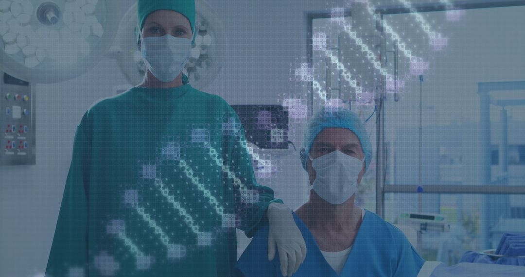 Surgeons in Operating Room with DNA Sequence Overlay