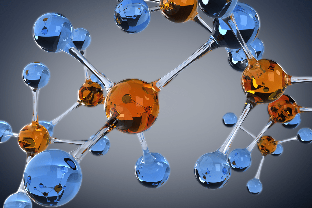 Transparent Molecular Structure With Blue and Orange Spheres