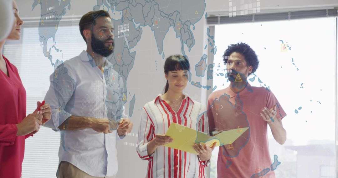Multicultural team collaborating over global strategy with digital map overlay