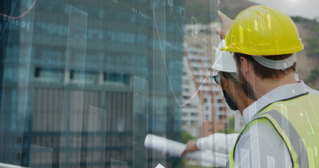 Architects Analyzing Blueprints with Digital Data Overlay at Construction Site