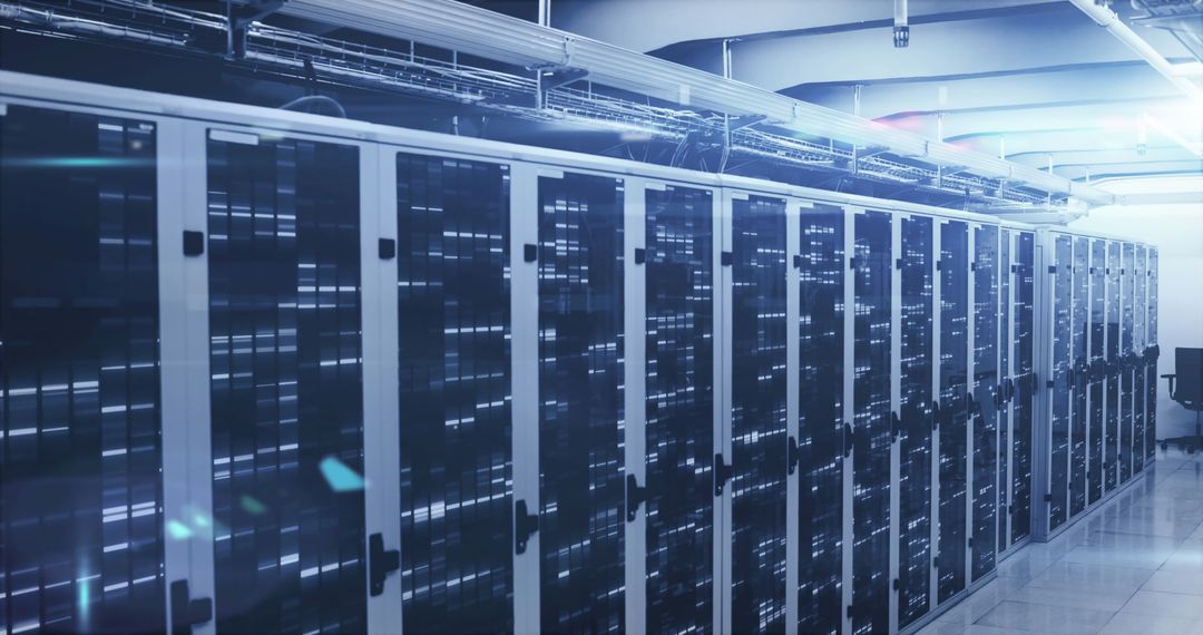 Modern Data Center with Blue Light Effects