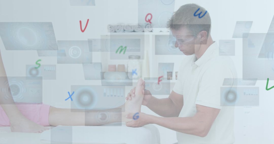 Male Physiotherapist Analyzing Digital Data on Patient's Foot