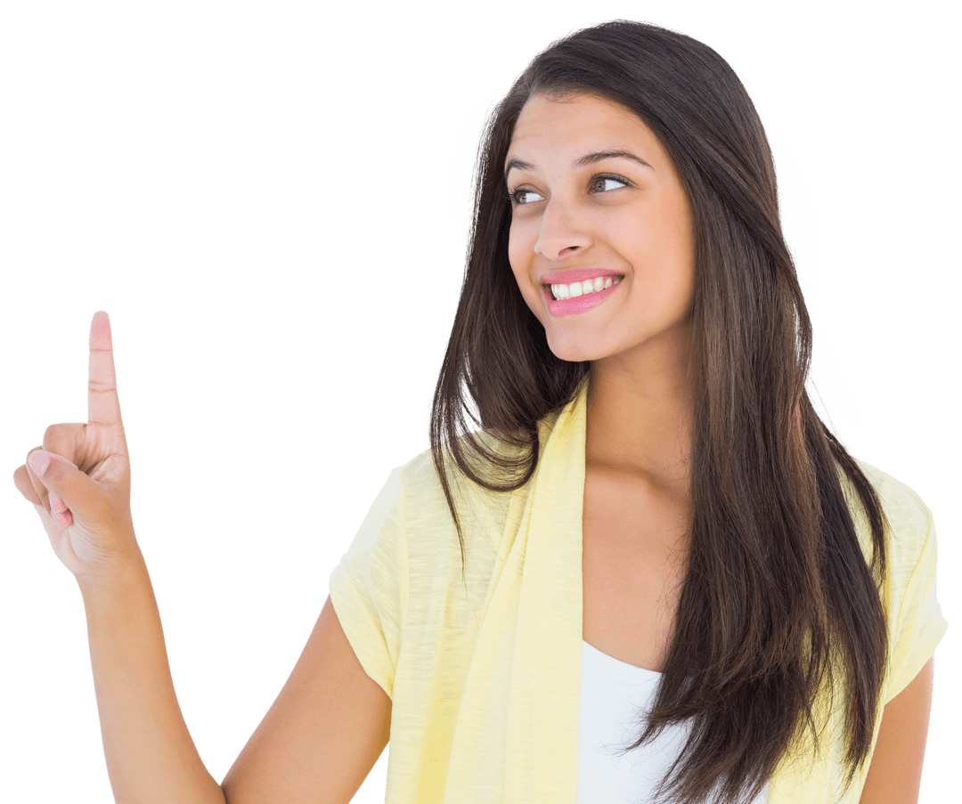 Smiling Woman Pointing Up, Transparent Background