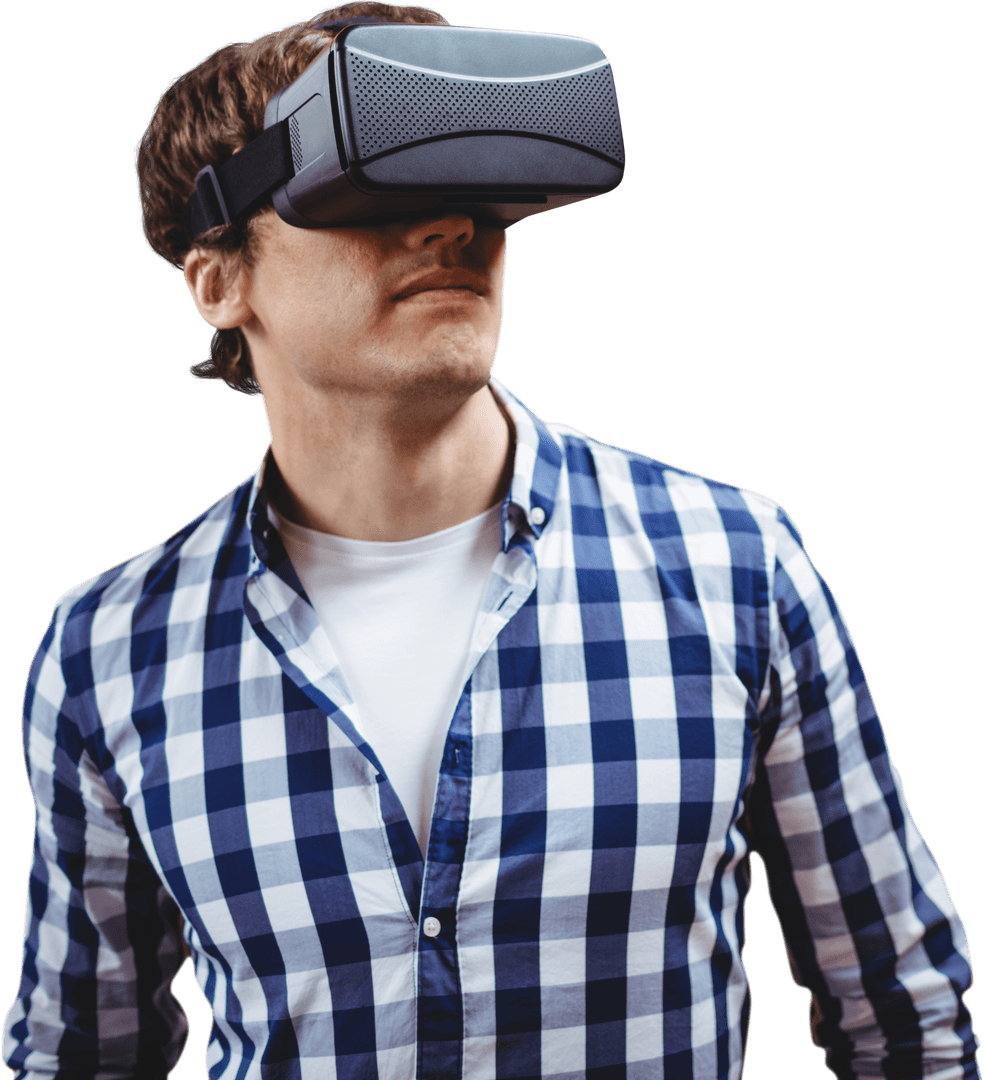 Tech-Active Young Man Immersed in Virtual Reality with VR Headset