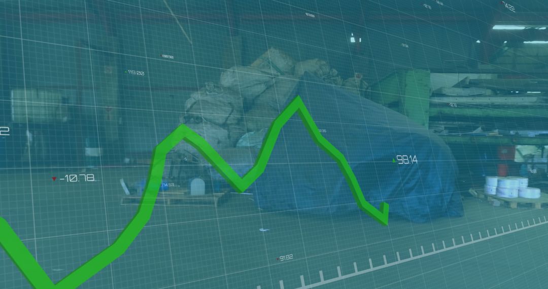 Fluctuating Line Graph Over Abandoned Factory Scene