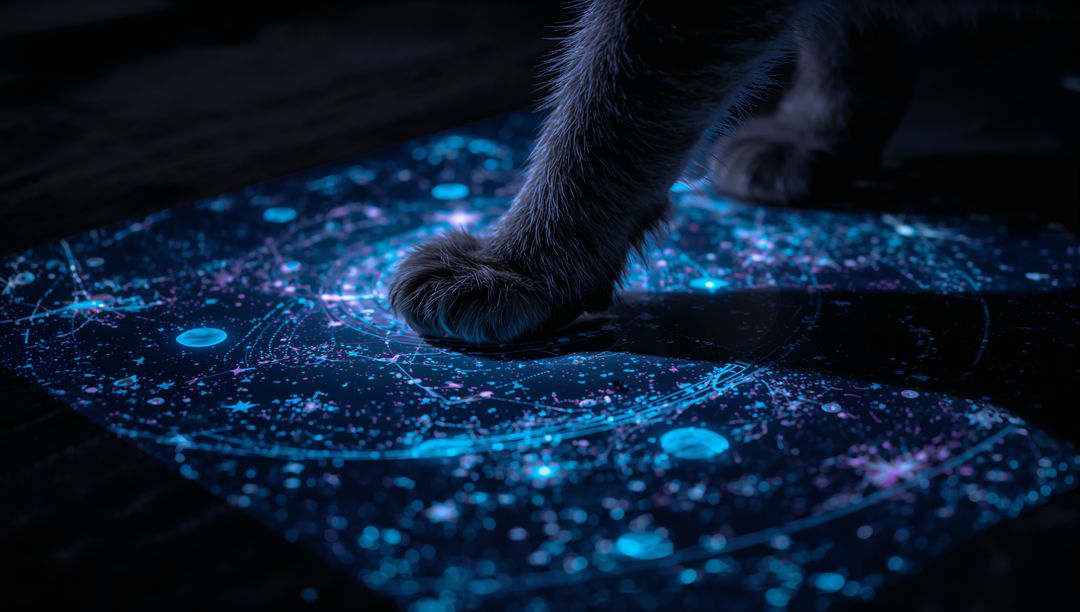 Futuristic Cat Paw Stepping on Glowing Holographic Star Map Projection