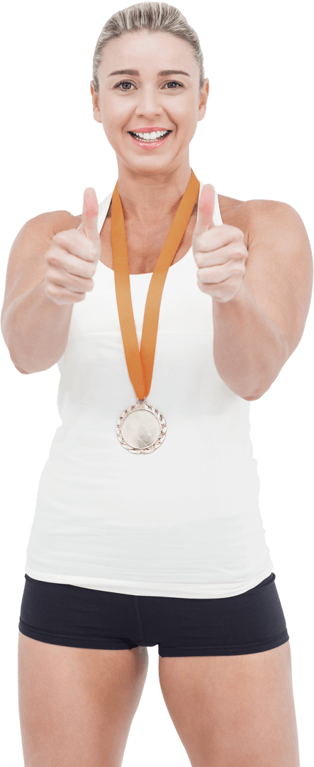 Female Athlete Smiling with Medal and Giving Thumbs Up on Transparent Background