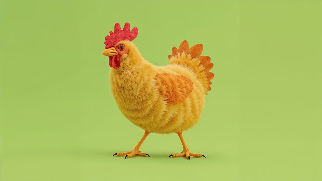 Stepping Yellow Chicken on Soft Green Background