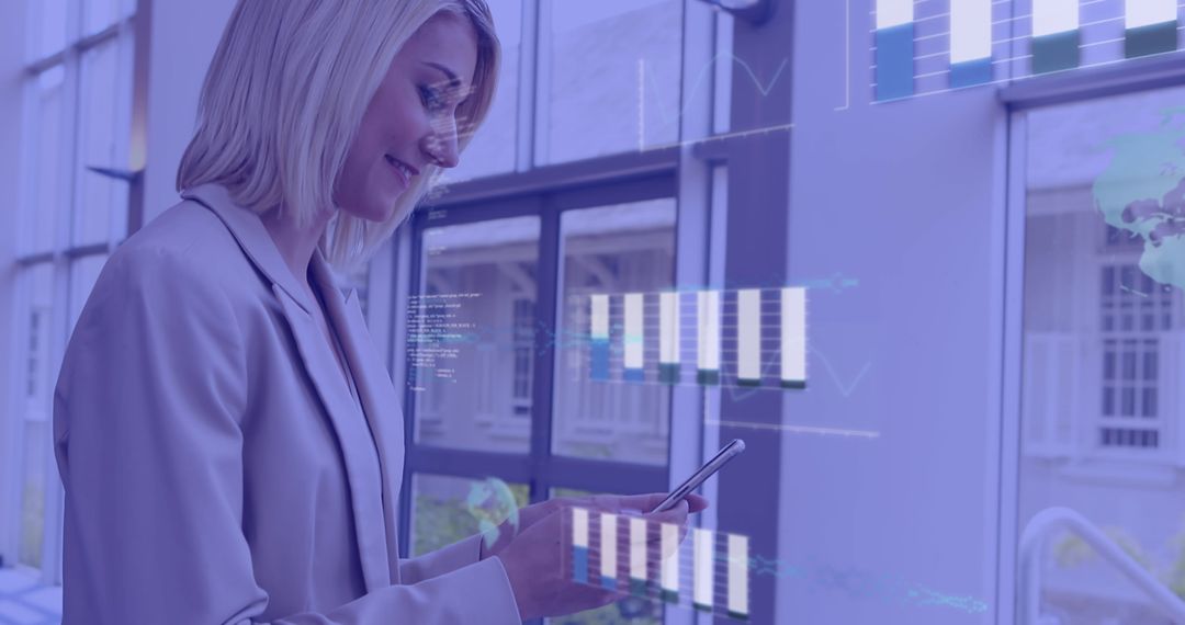 Businesswoman Analyzing Data on Smartphone with Digital Graph Overlay