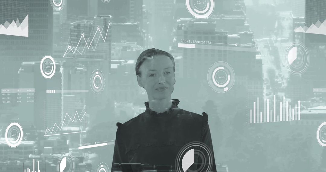 Businesswoman Analyzing Digital Data Visualization in Urban Ambiance