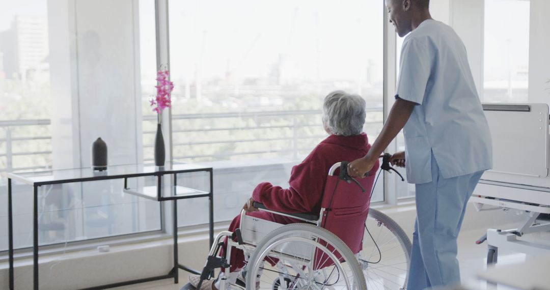 Nurse Assisting Elderly Patient in Wheelchair by Window - Free Images, Stock Photos and Pictures on Pikwizard.com