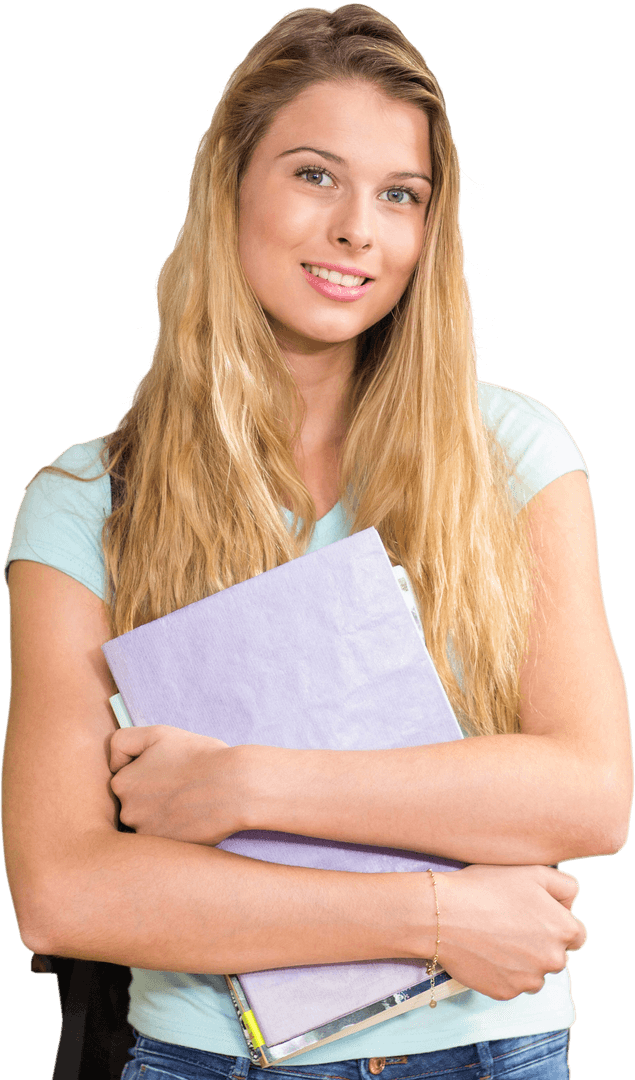 Smiling Caucasian Woman Holding Notebooks on Transparent Background