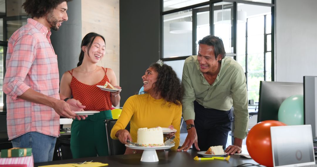 Multiracial Colleagues Celebrate Birthday in Modern Office
