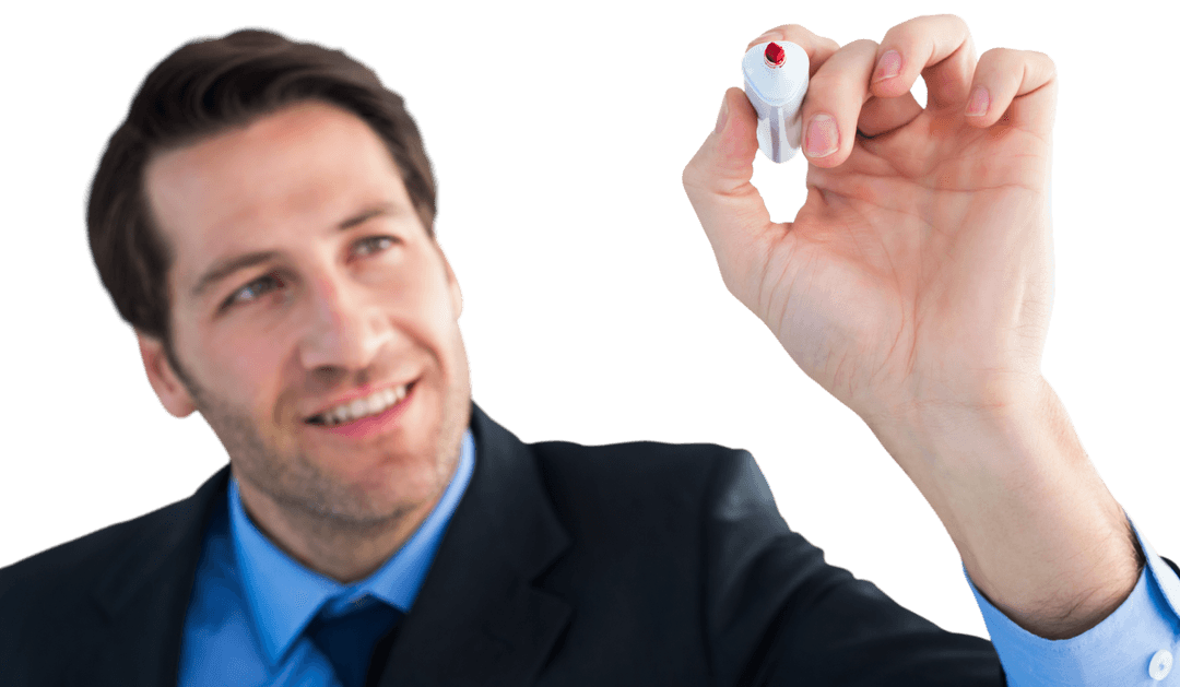 Transparent Sticker of Smiling Businessman Writing with Red Marker