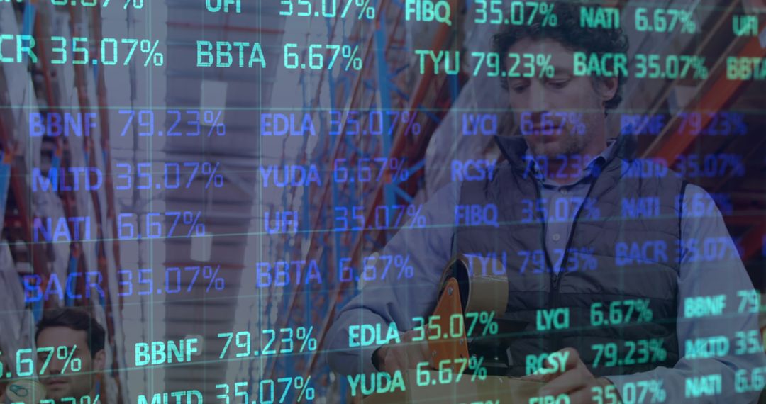 Warehouse Workers with Digital Stock Market Overlay