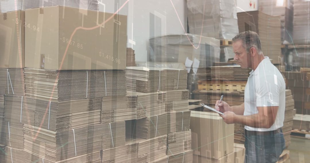 Warehouse Worker Notes with Overlaid Financial Graphs