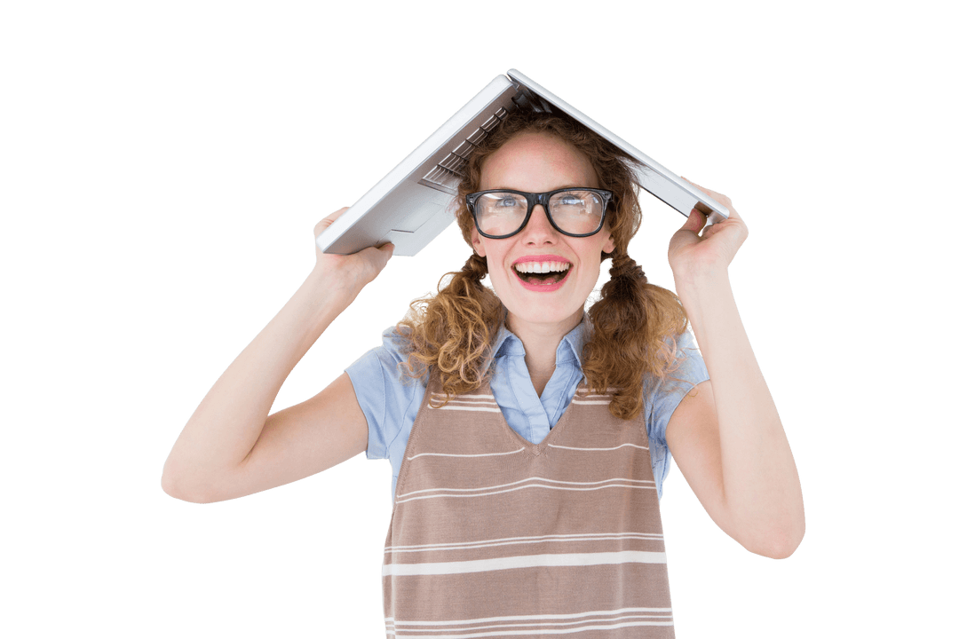 Geeky Woman Creating Shelter with Laptop Transparent