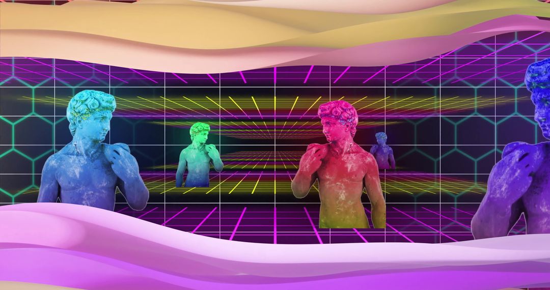 Colorful AI-Digitized Statues in Abstract Vortex