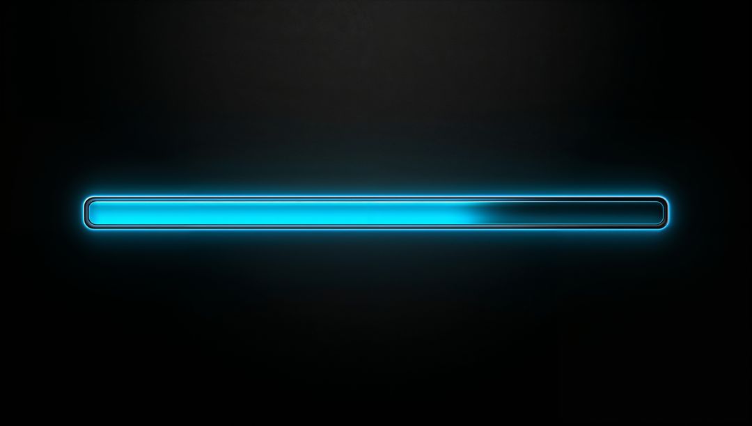 Neon cyan progress bar advancing across dark UI with glowing halo and glossy fill