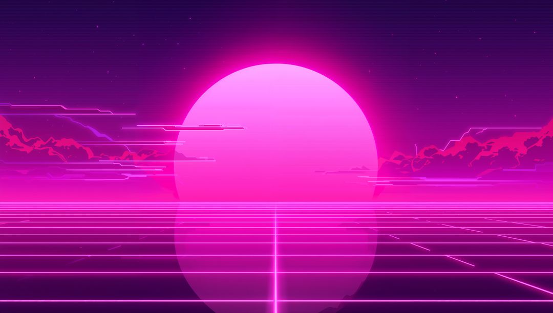 Glowing Neon Sun Reflecting on Retro Grid Horizon, Synthwave Vaporwave Cyberpunk