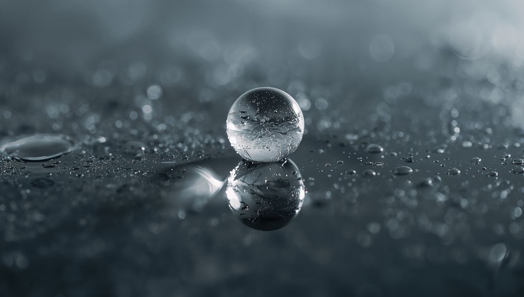 Glass sphere reflecting on wet surface with internal bubbles and soft bokeh macro