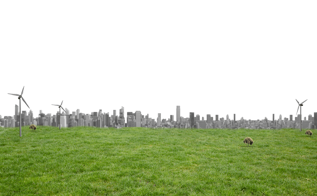 Transparent Cityscape Silhouette with Meadow and Wind Turbines