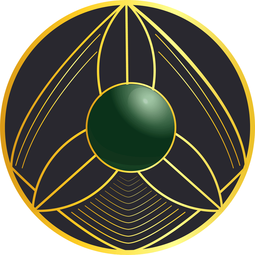 Luxurious Transparent Gold Emblem with Green Orb and Geometric Lines