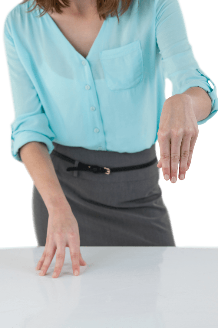 Midsection of Businesswoman in Blue Blouse Standing at Table Transparent PNG