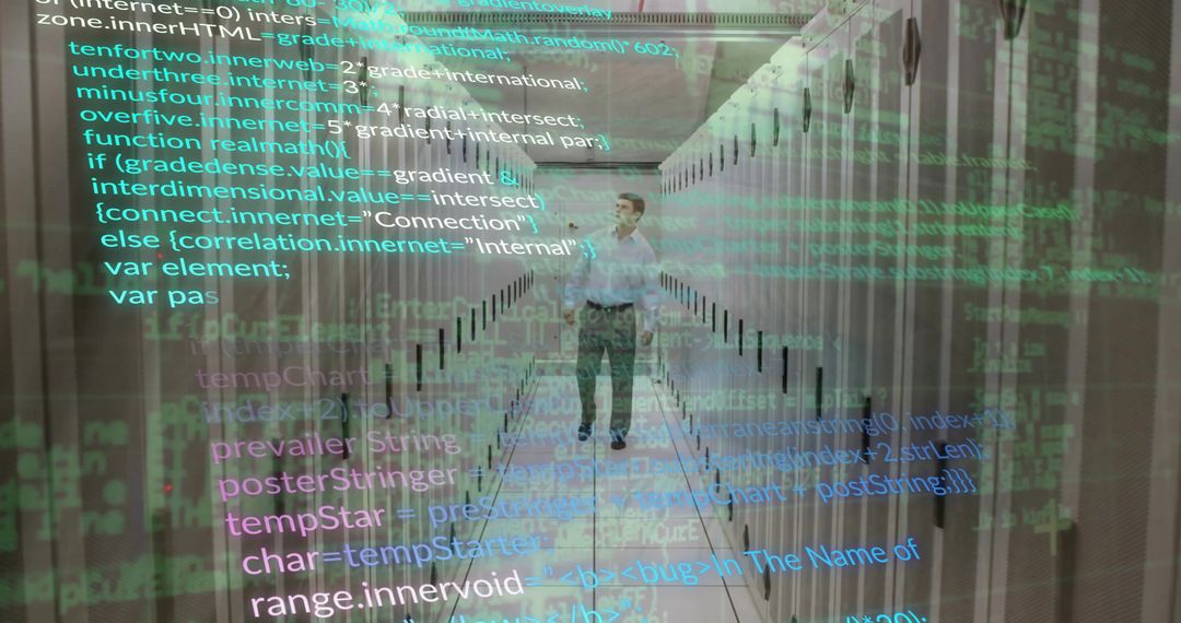Male Engineer Analyzing Data in Modern Server Room with Coding Overlay