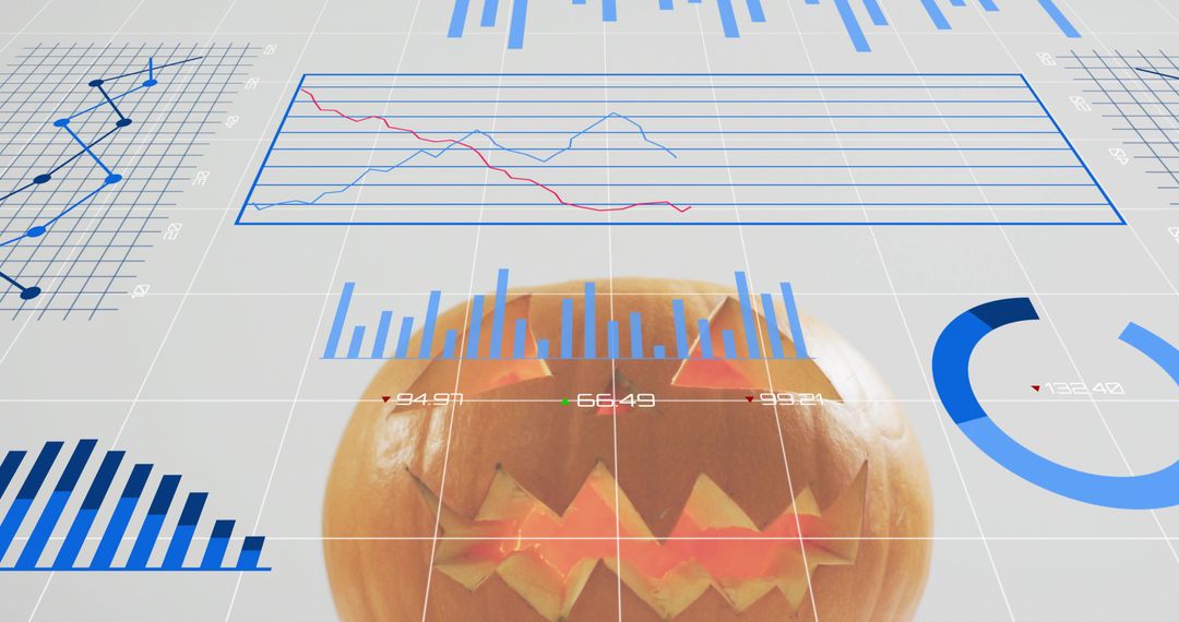Glowing jack-o-lantern displaying holographic data visualization with charts and analytics