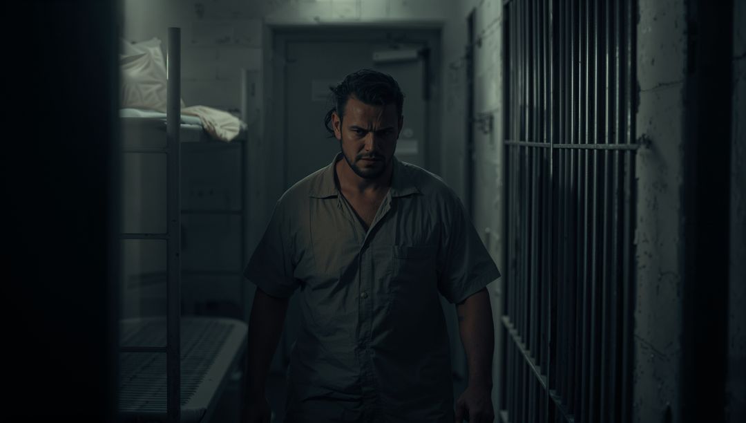 Serious Prisoner Walking in Gloomy Jail Corridor