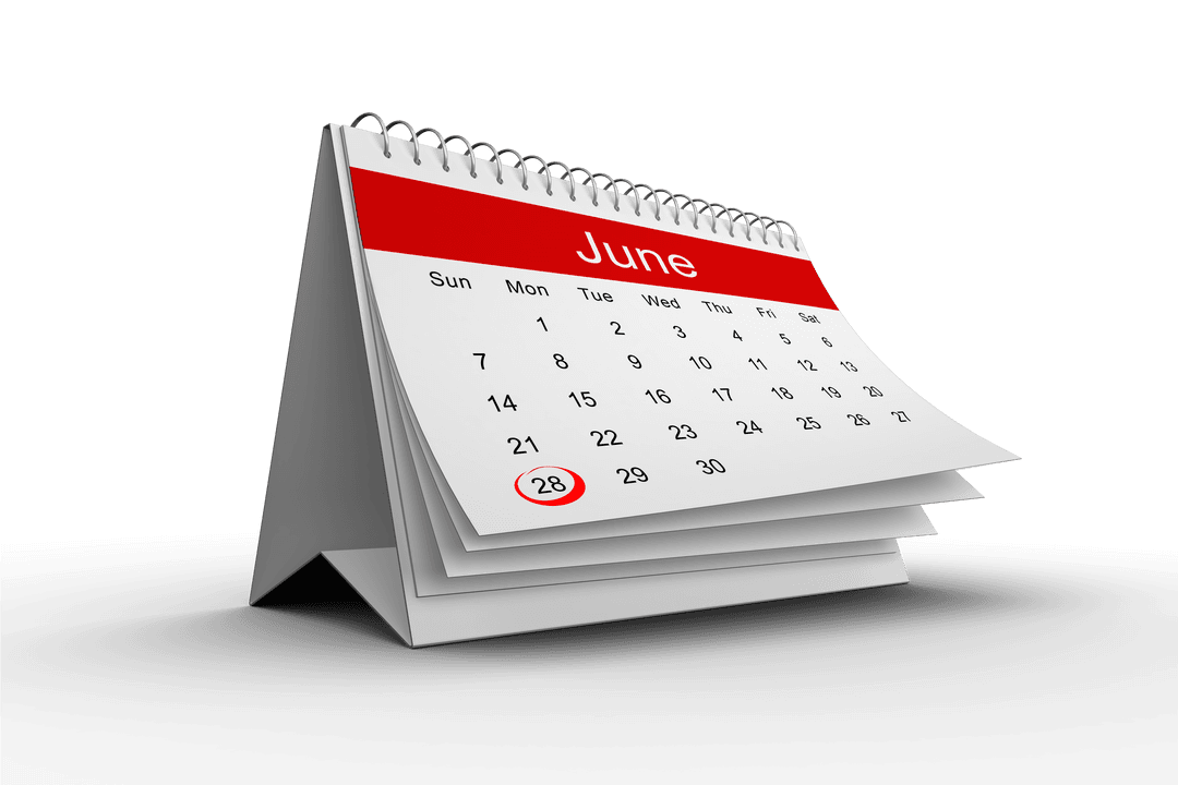 June Calendar Page Transparent Background with Planner Focus