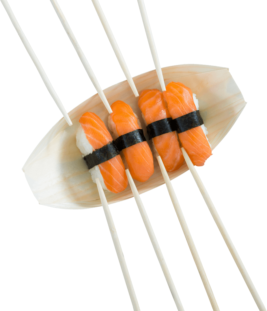 Transparent Plate of Salmon Sushi and Chopsticks Arrangement