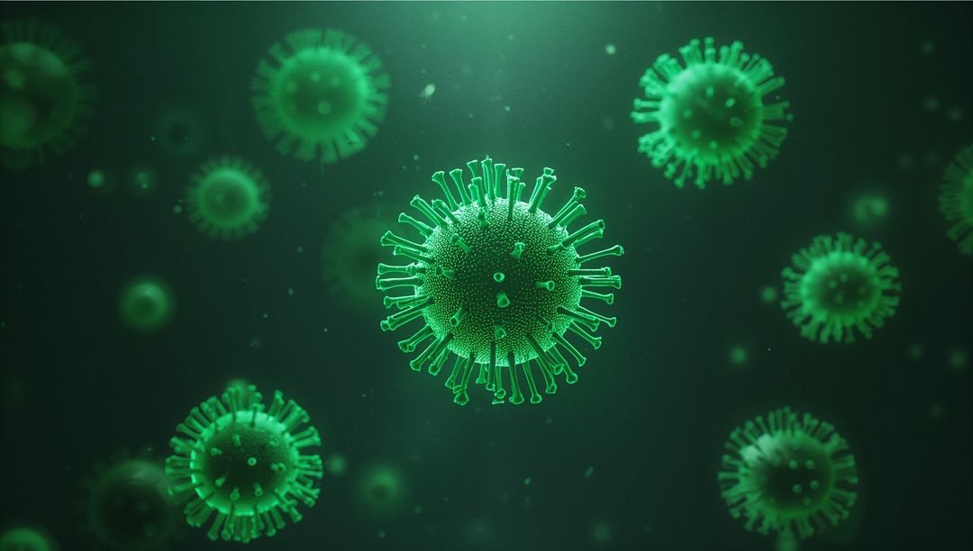 Microscopic View of Spherical Virus with Green Spikes
