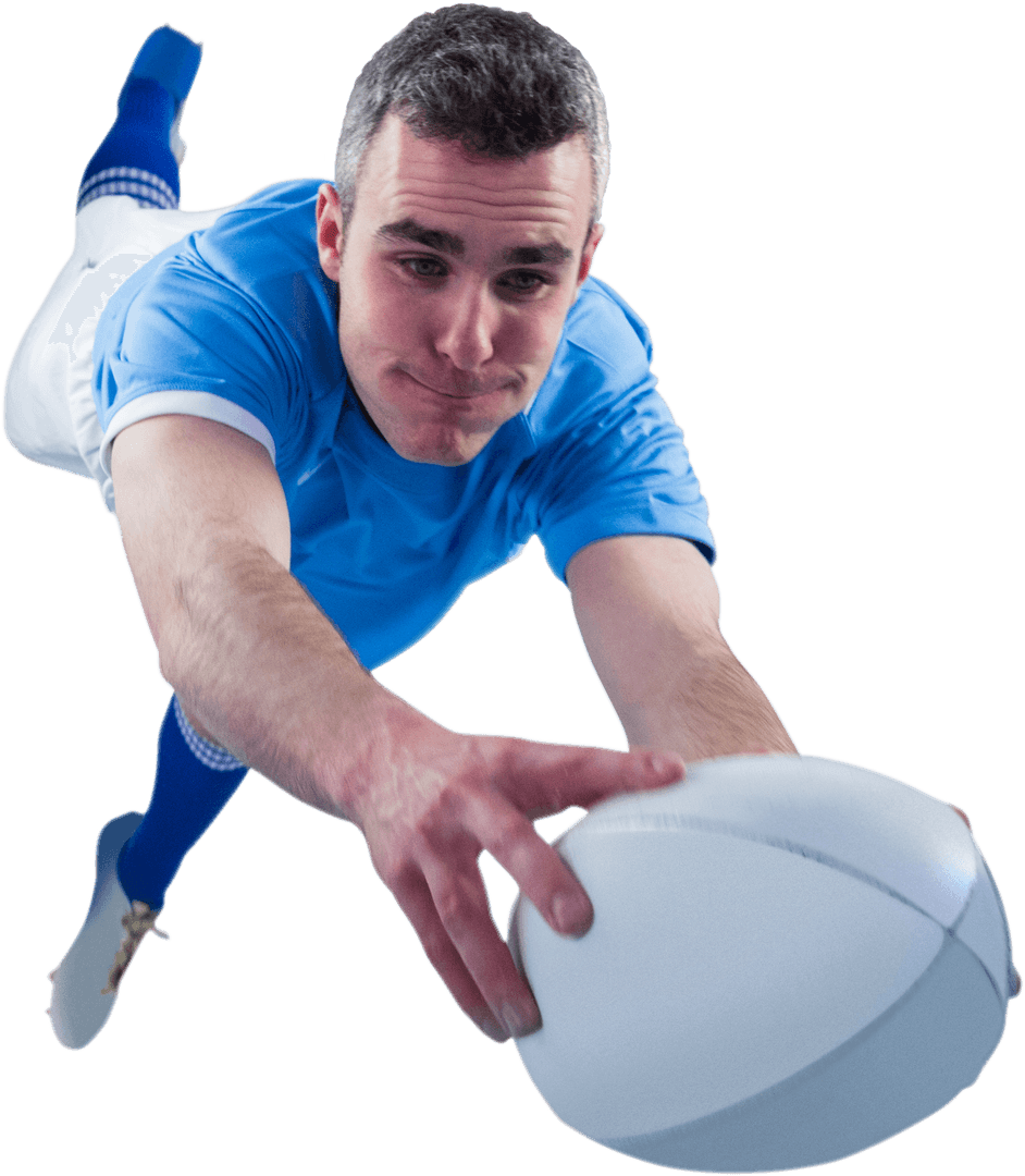 Transparent Rugby Player Scoring Try Mid-Air Action Shot