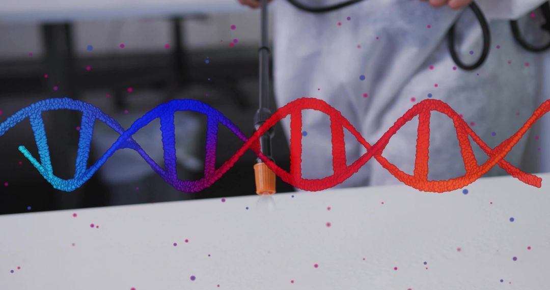 Woman Scientist Pipetting Colorful DNA Double Helix at Lab Bench for Genomics Research