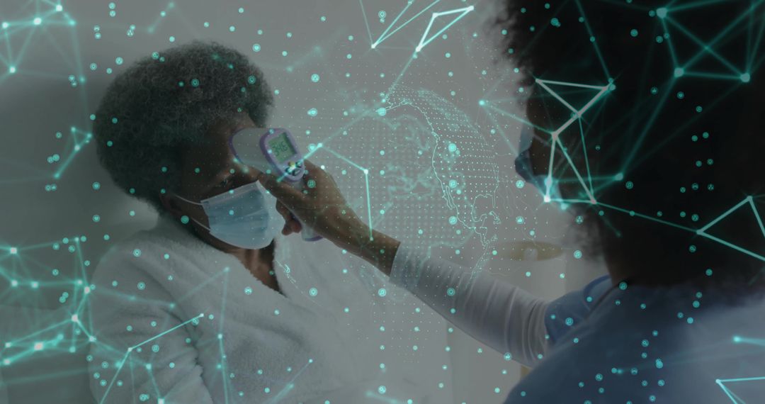 Checking senior patient with contactless thermometer by nurse with teal digital overlay