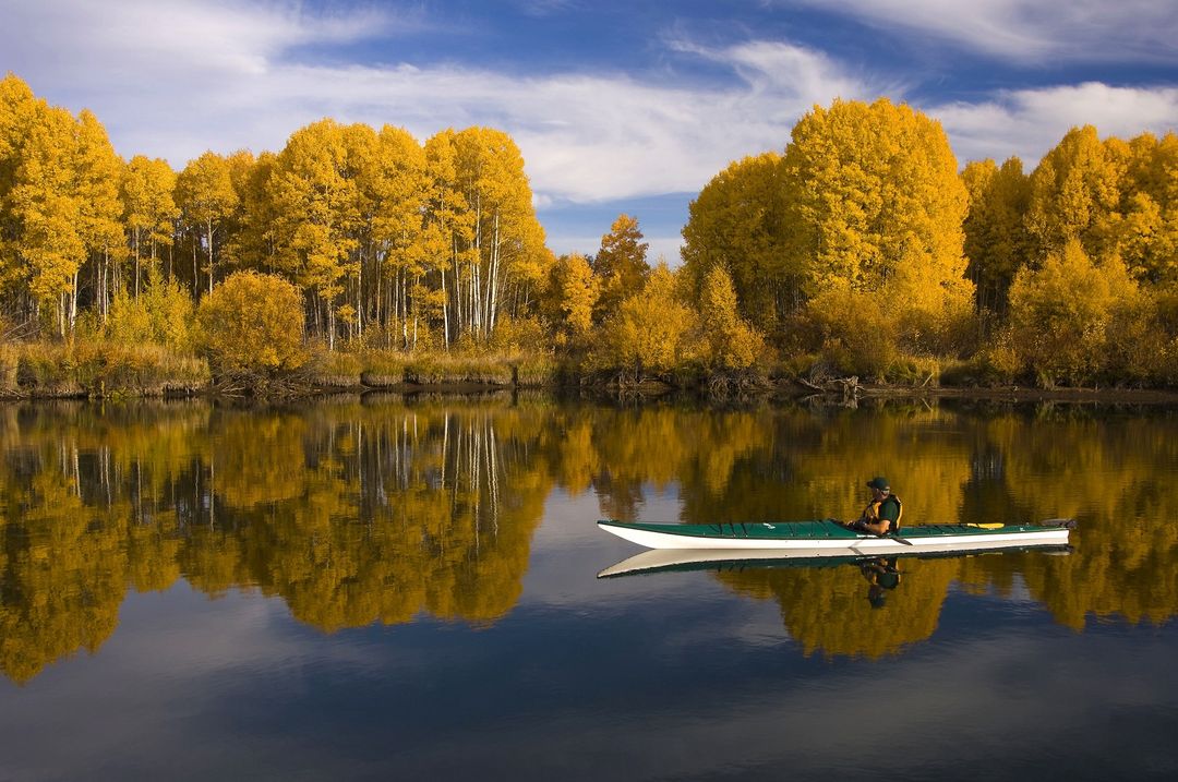 Person Kayaking on Calm Lake Surrounded by Vibrant Autumn Trees - Free Images, Stock Photos and Pictures on Pikwizard.com