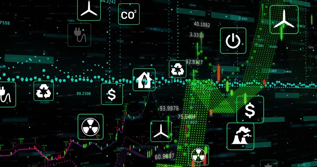 Digital Icons Over Financial Data on Black Background