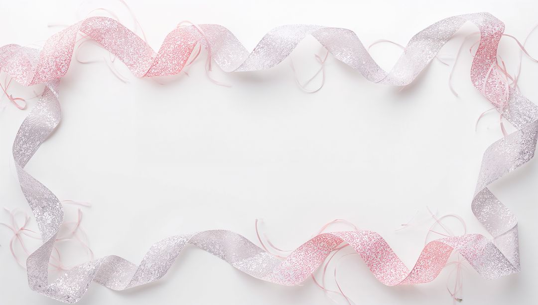 Delicate Pink and Silver Glitter Ribbon Frame Creating Festive Flat Lay Background for Greeting