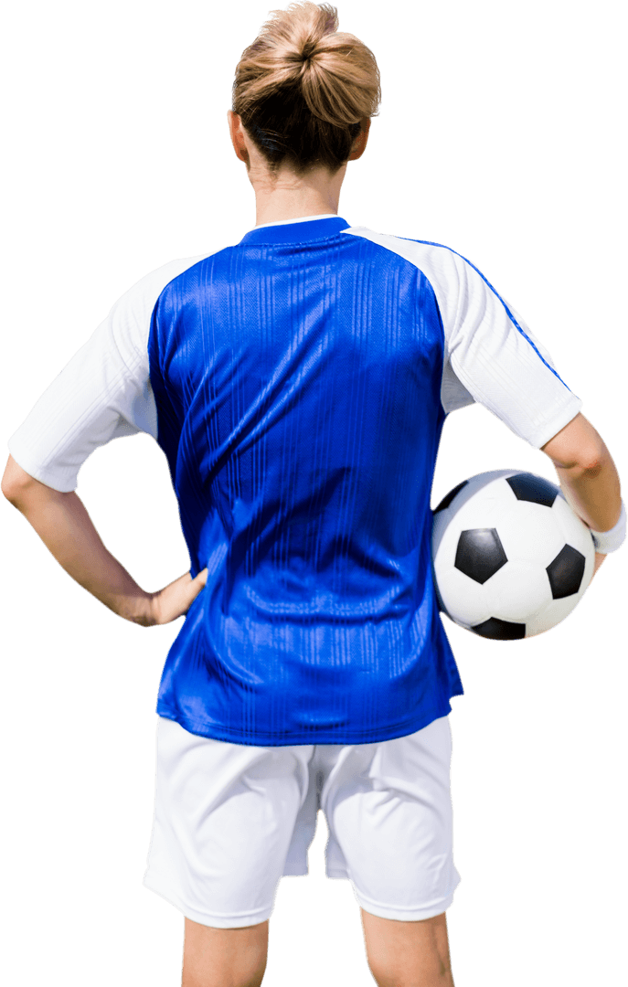Back View of Female Soccer Player Holding Ball on Transparent Background