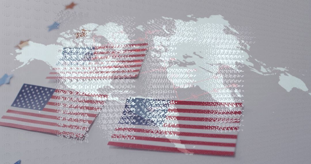 American Flags and World Map Overlay with Star Confetti on Table
