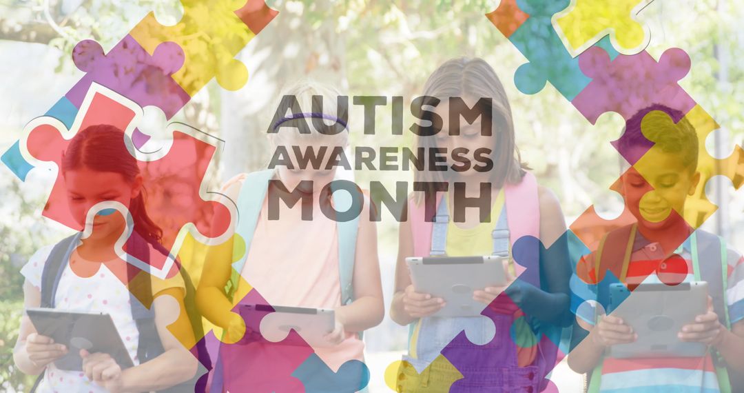 Autism Awareness Month with Kids Using Tablets Illustrative Concept