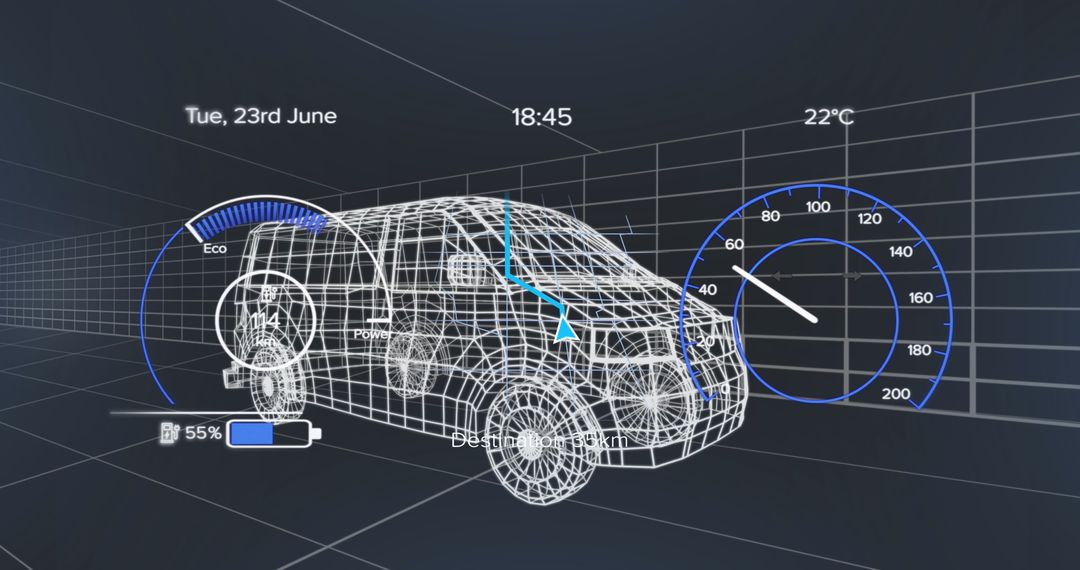 Futuristic 3D Wireframe Van with Digital Dashboard Interface
