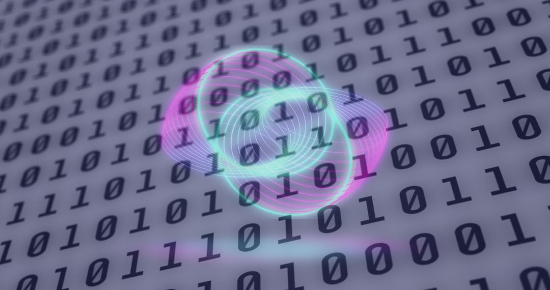 Abstract neon circles over digital binary code background