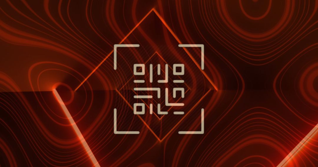 Abstract QR Code on Digital Orange and Black Background