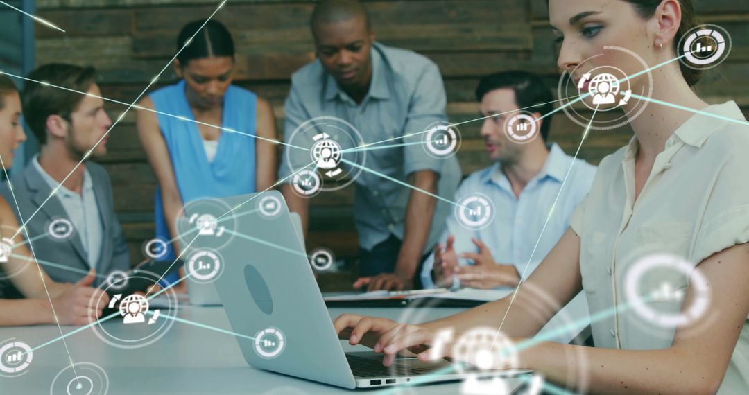 Connected Team Analyzing Data on Digital Interface with Network Overlay